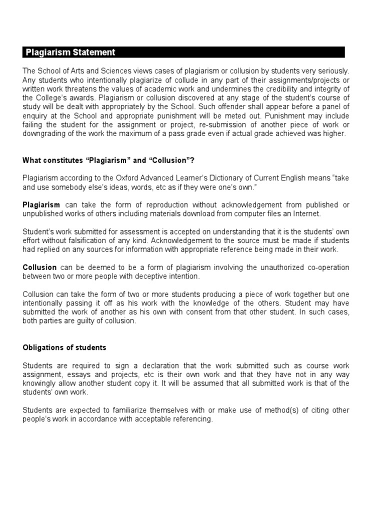 Plagiarism Statement | Plagiarism | Truth