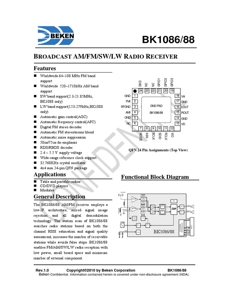 BK1086-88 Datasheet v1.0 | PDF | Am Broadcasting | Audio Electronics