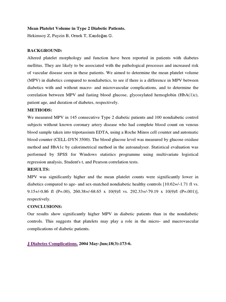 Mean Platelet Volume in Type 2 Diabetes | PDF