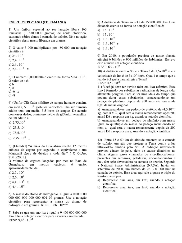 EXERCICIOS 9º ANO NOTAÇÃO CIENTIFICA.docx | Terra | Sol