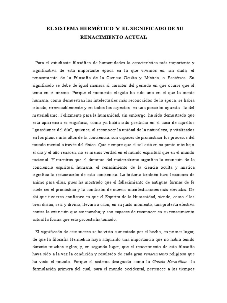 El Sistema Hermético y El Significado de Su Renacimiento