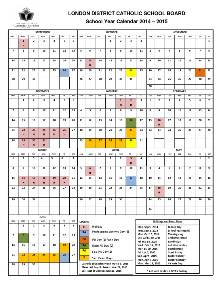 LDCSB School Year Calendar 201415 PDF Christian Worship And