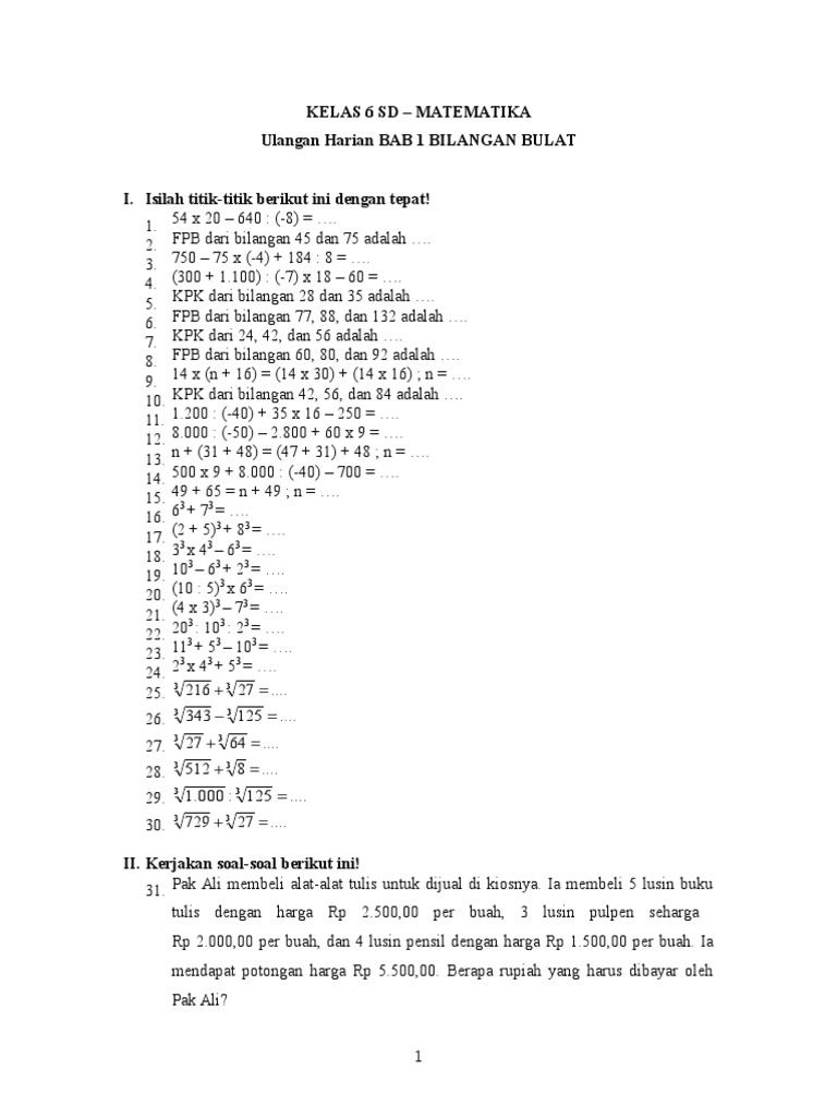 Soal Matematika Kelas 6 SD Semester I Bilangan Bulat PDF