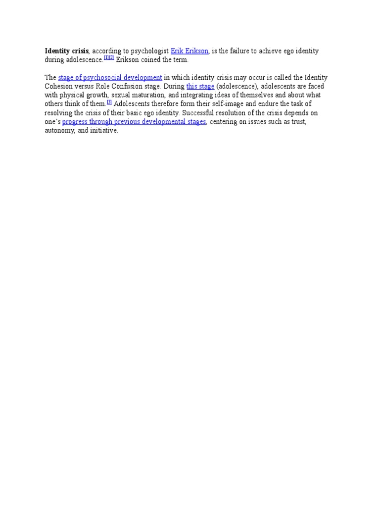 Erik Erikson: Identity Crisis, According To Psychologist | PDF