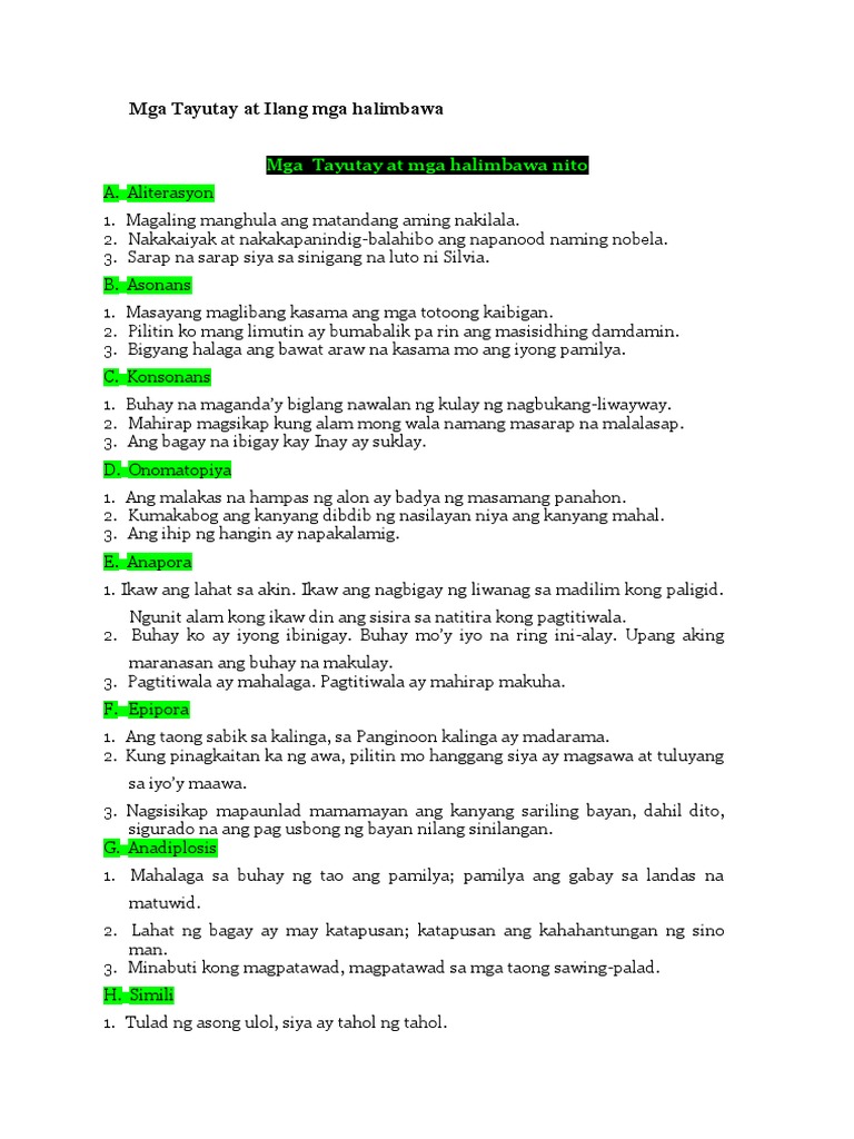 Mga Tayutay At Ilang Mga Halimbawa Pdf