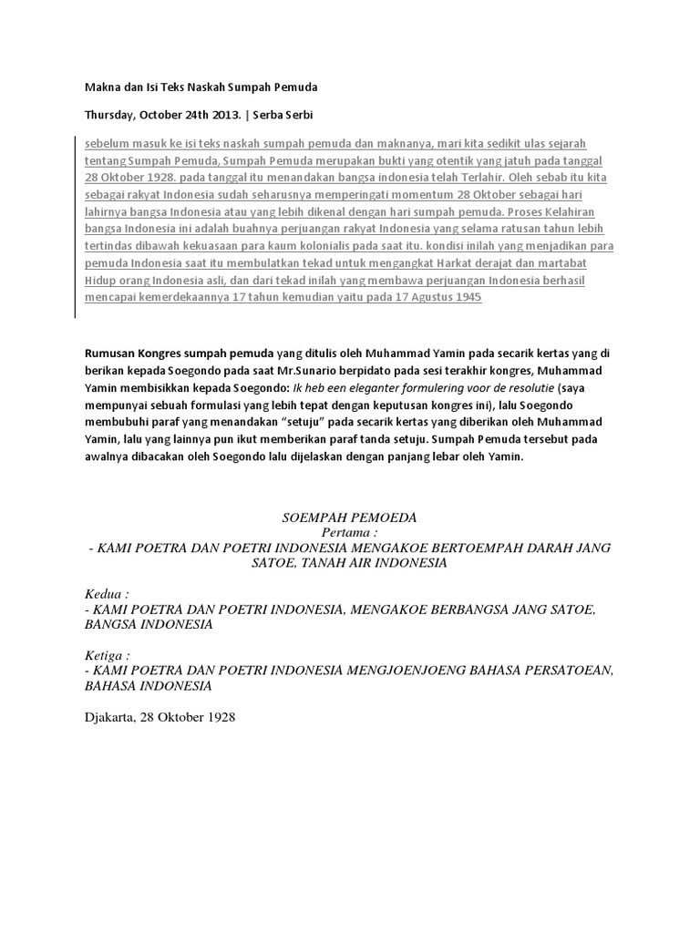 Makna Dan Isi Teks Naskah Sumpah Pemuda