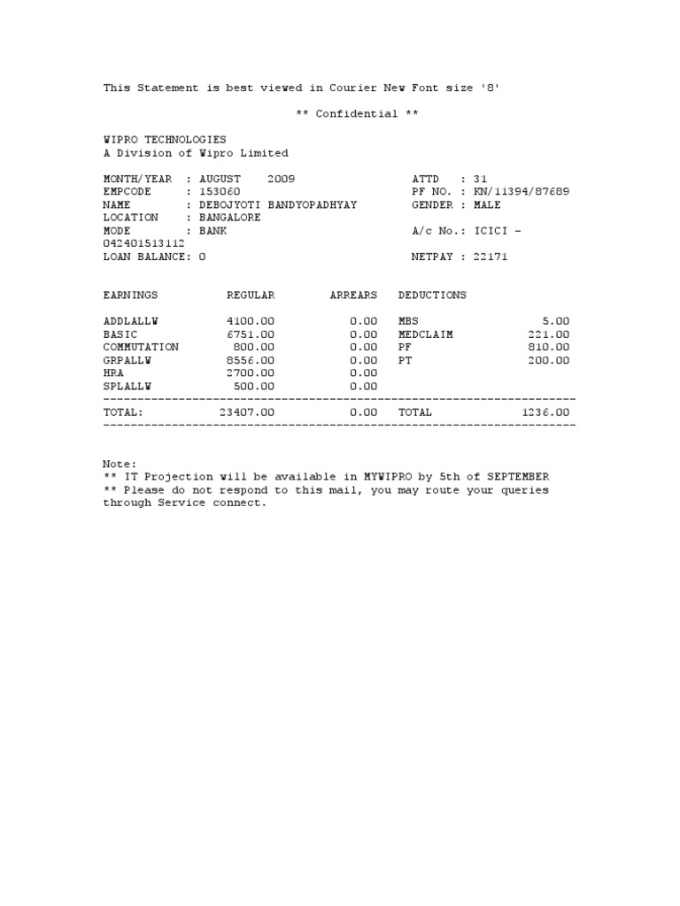 Your Payslip For August, 2009 | PDF