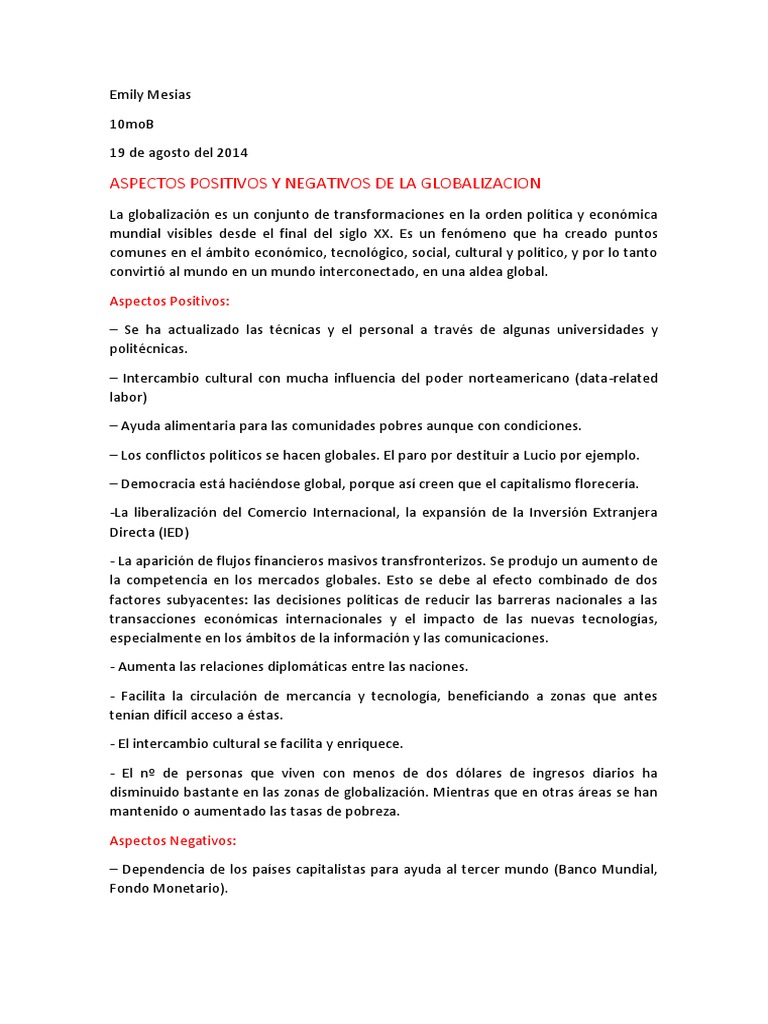 Aspectos Positivos y Negativos de La Globalizacion | PDF ...