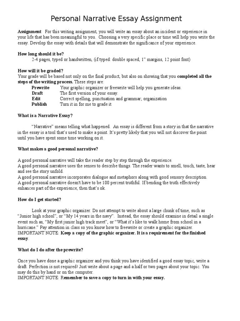 Personal Narrative Writing Assignment Pdf Essays Narrative
