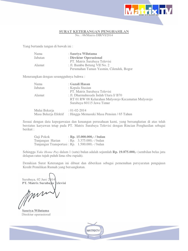 Surat Keterangan Penghasilan Utk Kpr Revisi Pdf