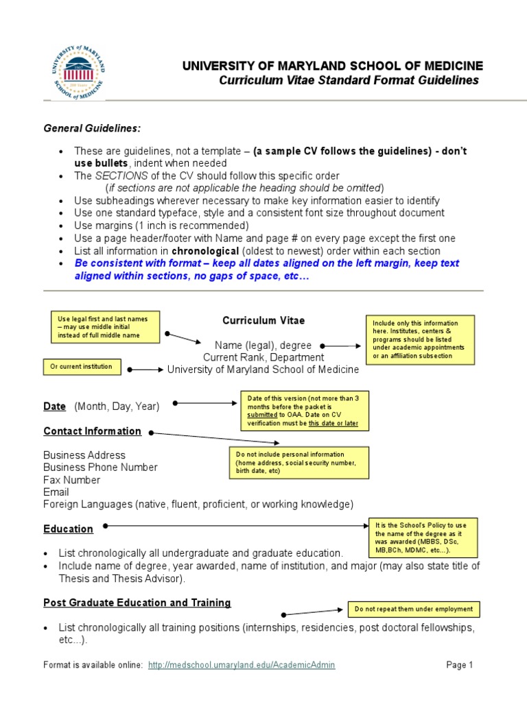 University of Maryland School of Medicine: Curriculum Vitae Standard ...
