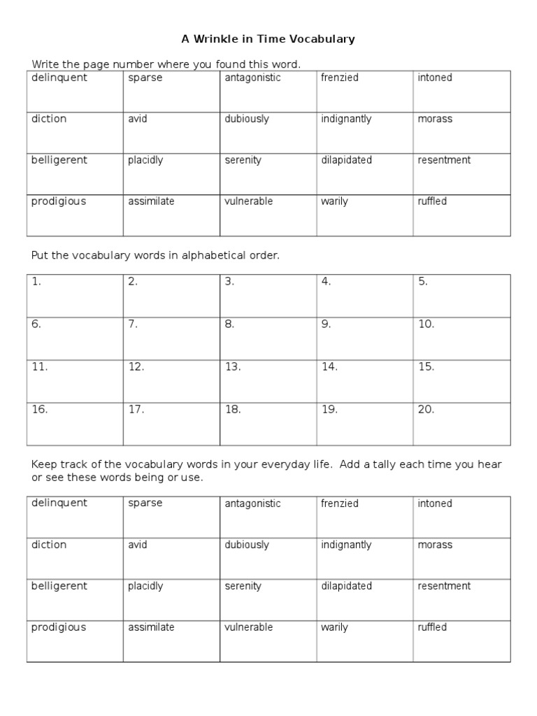 A Wrinkle in Time Vocabulary