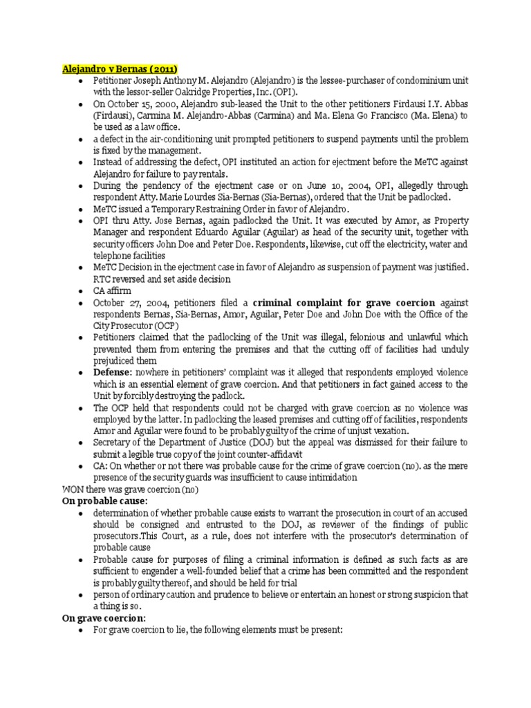 Grave Coercion Digests PDF Probable Cause Lease