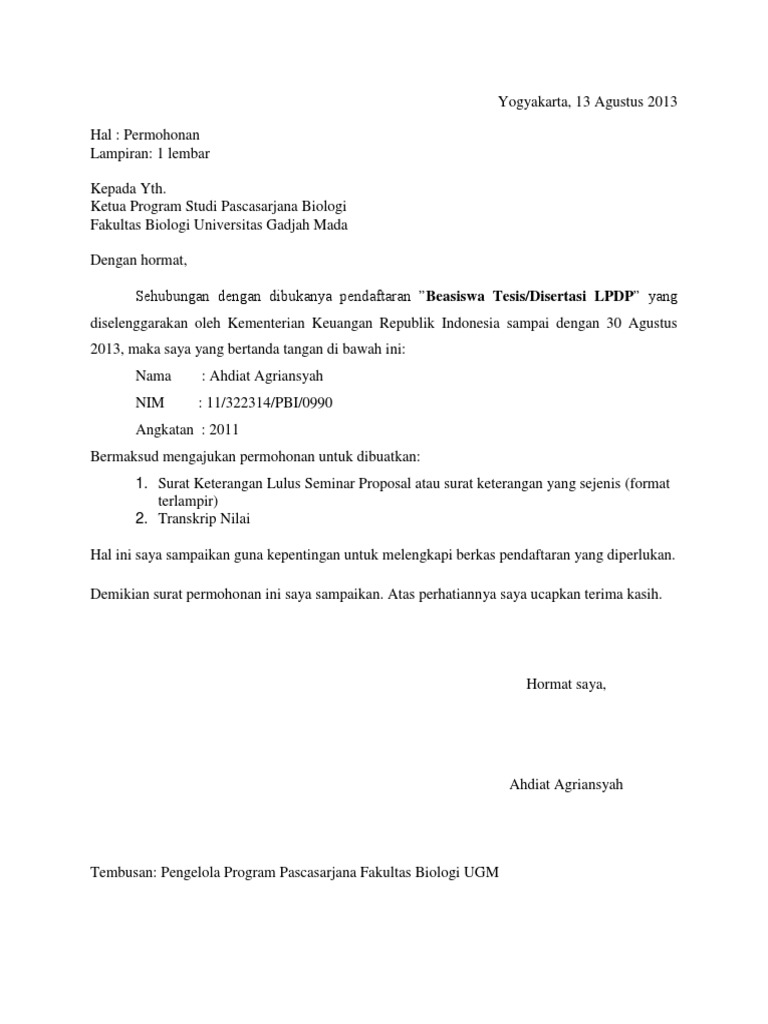 Surat Permohonan Pengajuan Beasiswa Lpdp Docx