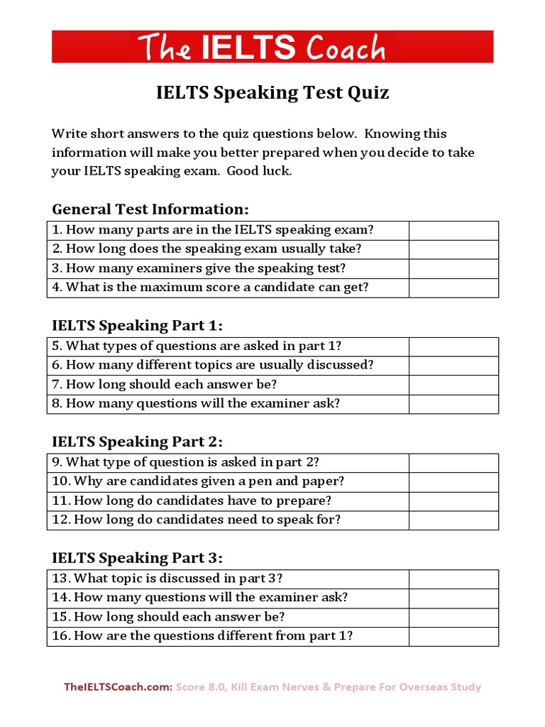 IELTS Speaking Quiz PDF International English Language Testing