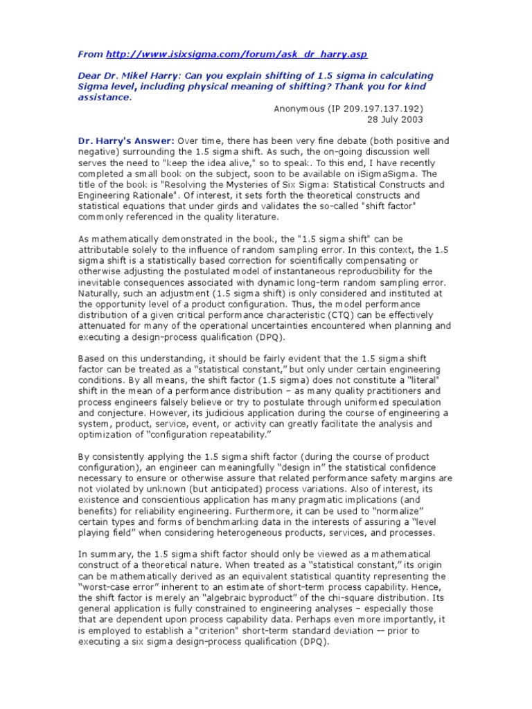 Dr. Mikel Harry - 1.5 Sigma Shift Explanation | PDF | Foreign Language ...
