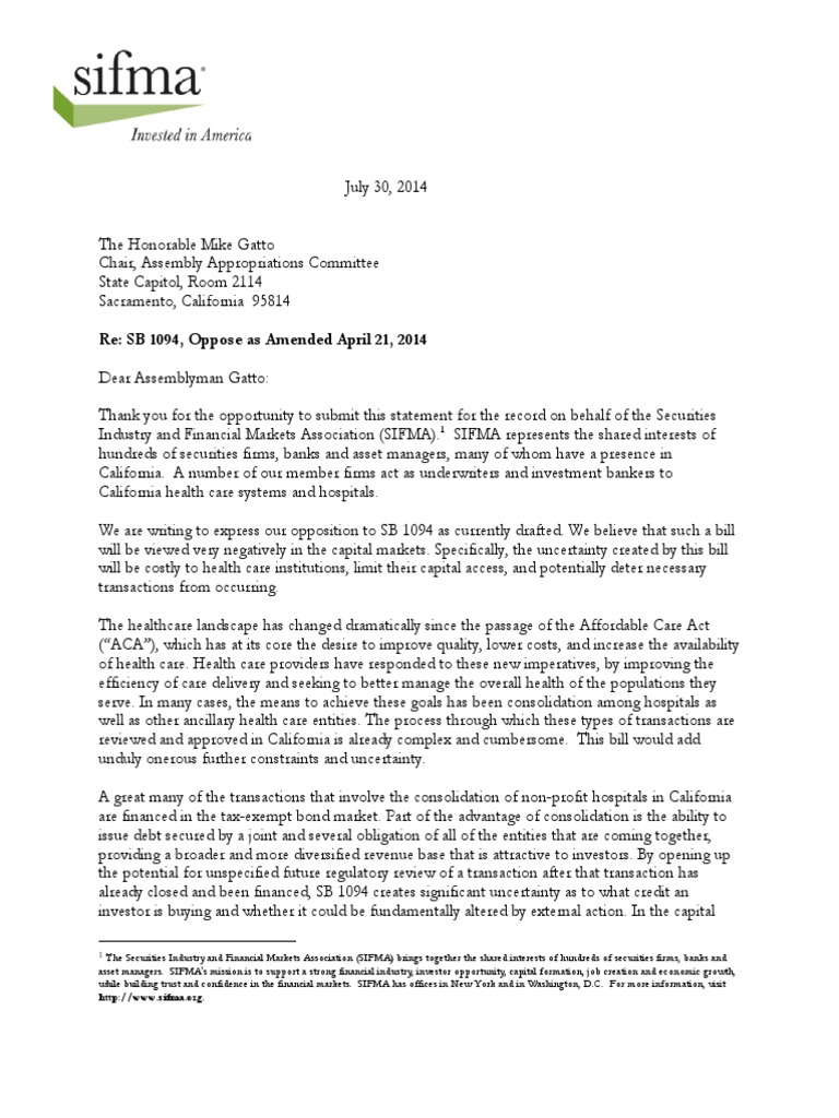 SIFMA SB 1094 Letter | PDF | Financial Markets | Securities (Finance)