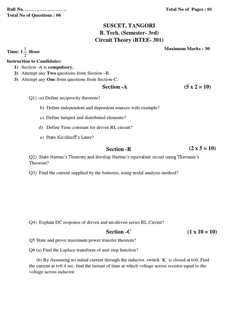 Suscet, Tangori B. Tech. (Semester-3rd) Circuit Theory (BTEE - 301 ...