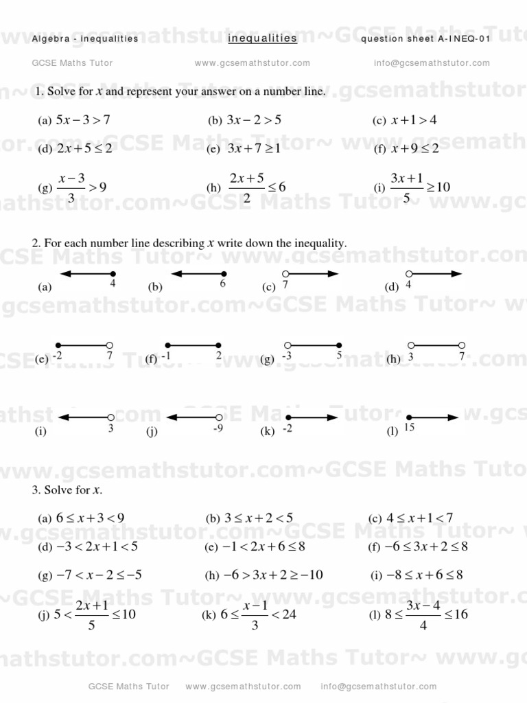 Worksheets Inequalities Worksheet inequalities worksheet 01 algebra revision from gcse maths tutor