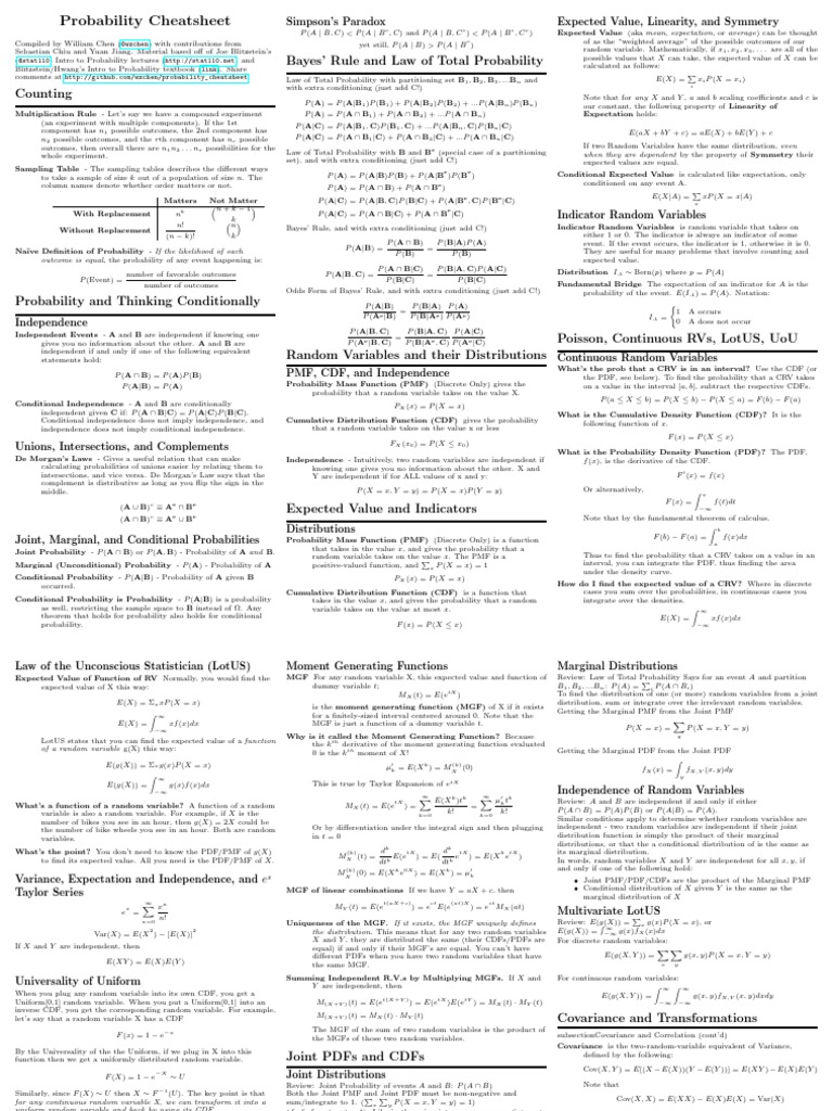 Probability Cheat Sheet Overview | PDF | Covariance | Normal Distribution