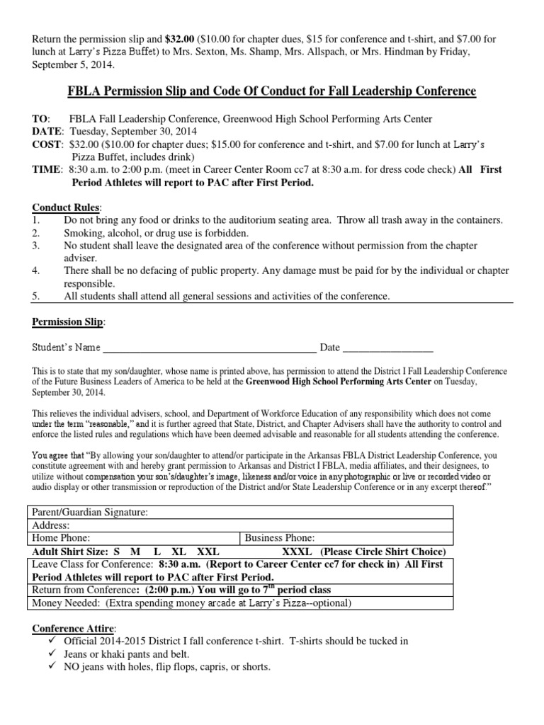 FBLA Fall Leadership Conference Permission Slip PDF Government