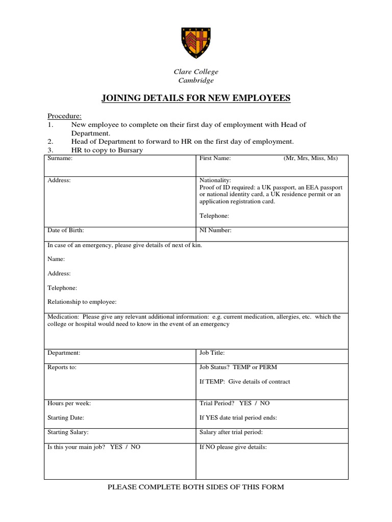 Joining Details For New Employees Joiners Form PDF