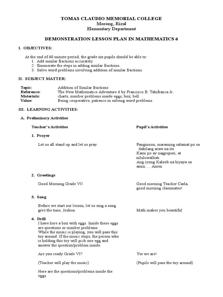Detailed Lesson Plan in Mathematics 6 | Teaching Mathematics | Cognition