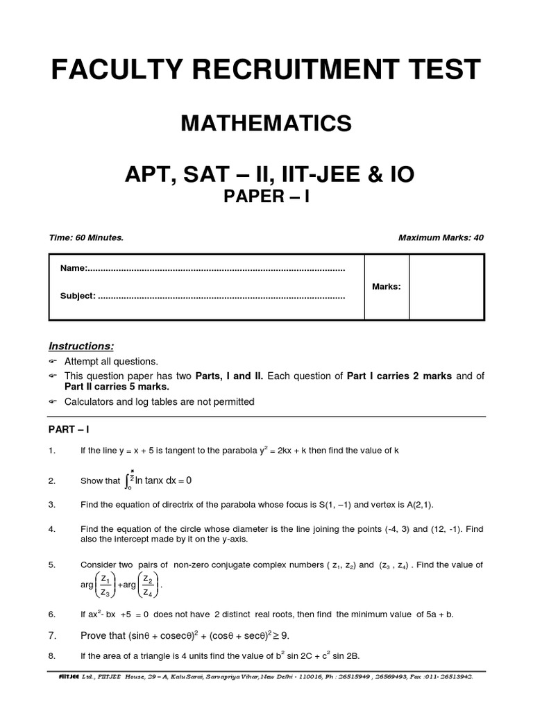 9-Apt, Sat-II, Iit&Io Maths Paper I | PDF | Tangent | Equations