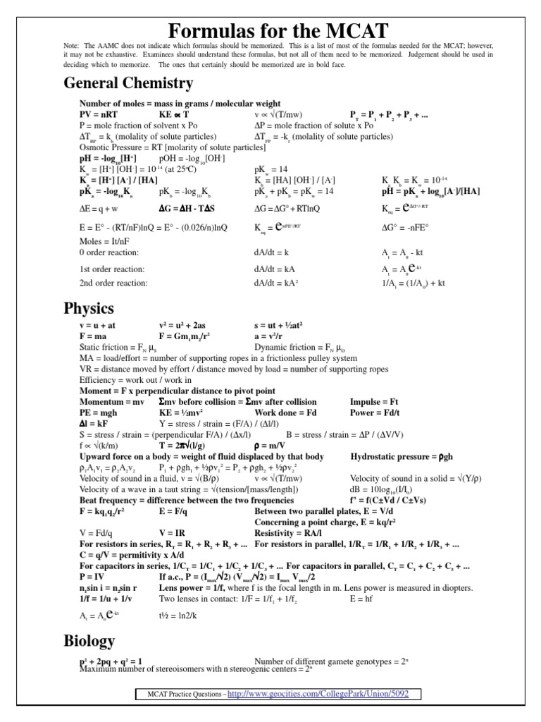 MCAT Formulas Materials Science Physics & Mathematics
