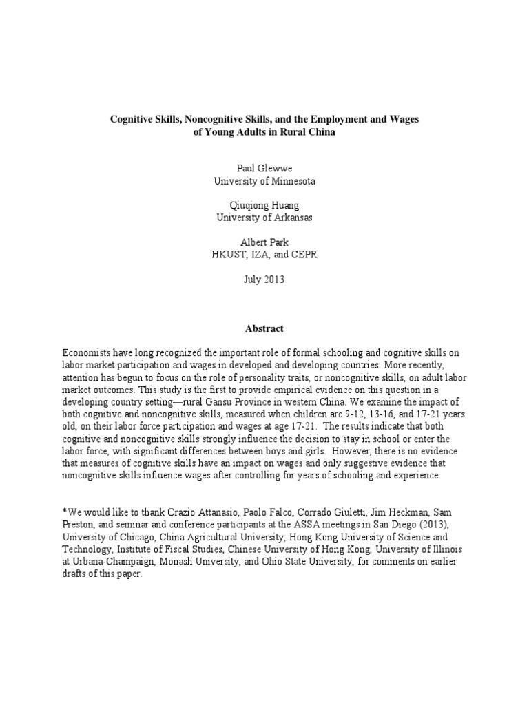 Cognitive Skills, Noncognitive Skills, and The Employment and Wages of ...