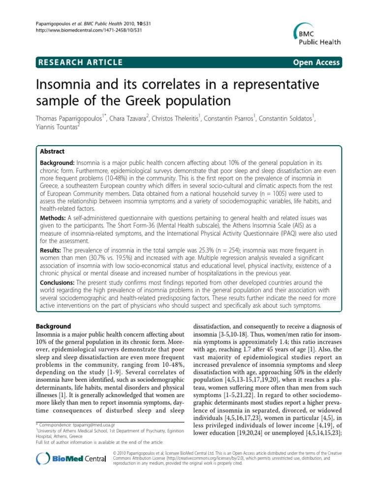 Insomnia and Its Correlates in A Representative Sample of The Greek ...