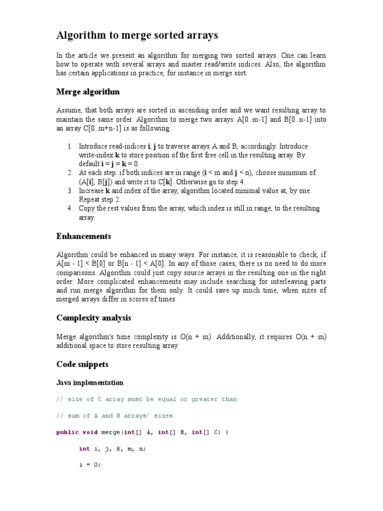 Efficient Algorithm for Merging Two Sorted Arrays | PDF | Integer ...