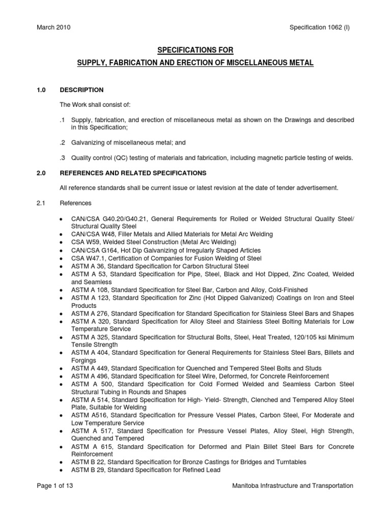 Specifications For Supply, Fabrication and Erection of Miscellaneous ...