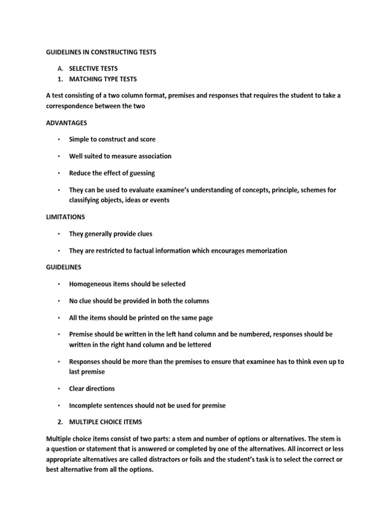 Guidelines In Constructing Tests Selective Tests Pdf