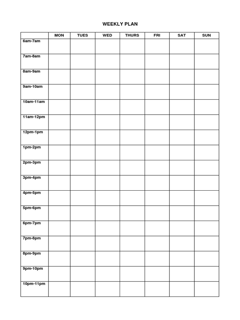 Mon Tues Wed Thurs Fri Sat Sun 6am-7am: Weekly Plan | PDF