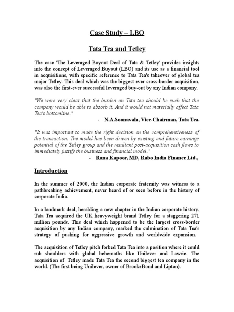Lbo Tata Tea And Tetley Leveraged Buyout Financial Markets