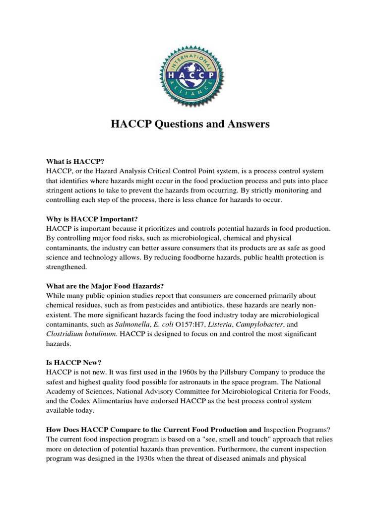 HACCP Questions and Answers PDF Hazard Analysis And Critical