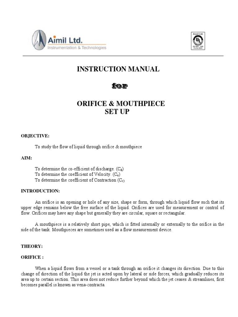 Orifice Mouthpiece Manual PDF Chemical Engineering Gas Technologies