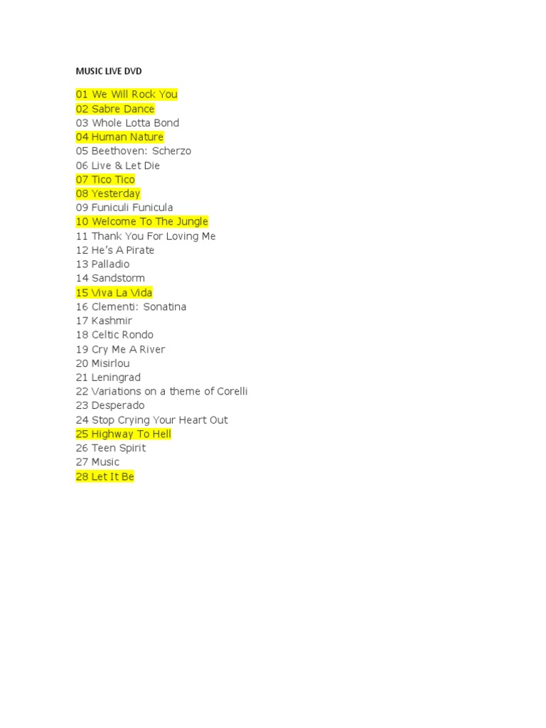 Live Music DVD Tracklist Highlights | PDF