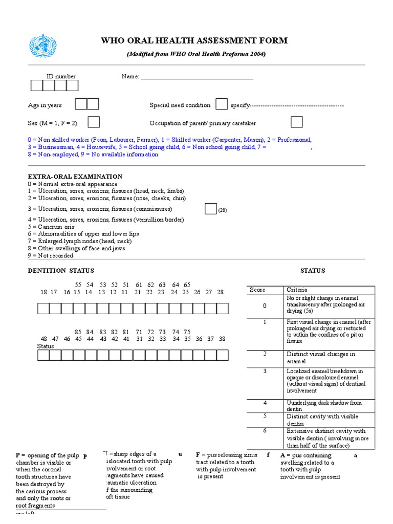 WHO Oral Health Assessment Form | PDF | Tooth Enamel | Mouth