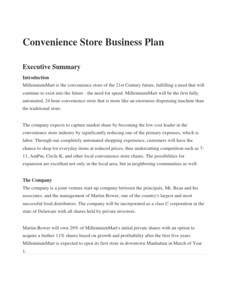 Convenience Store Business Plan Sample PDF Retail Convenience Store