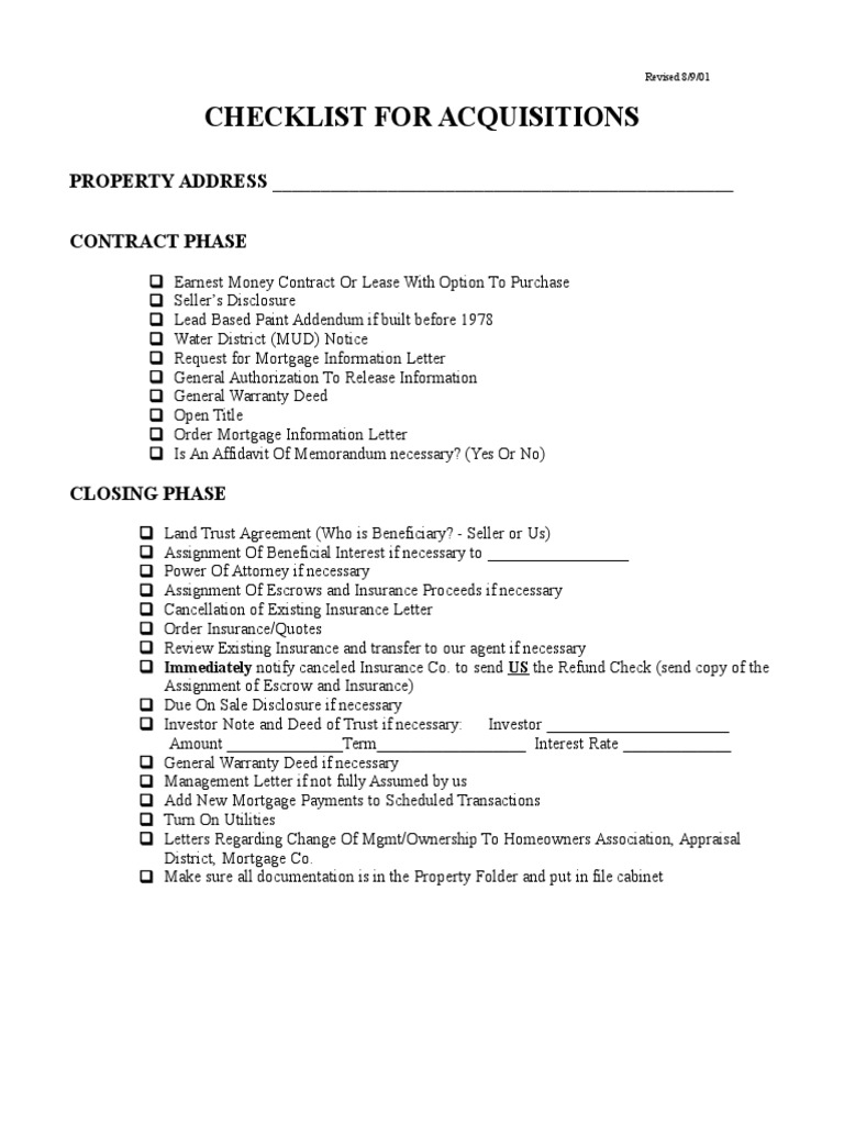 Checklist For Acquisitions | PDF | Technology & Engineering