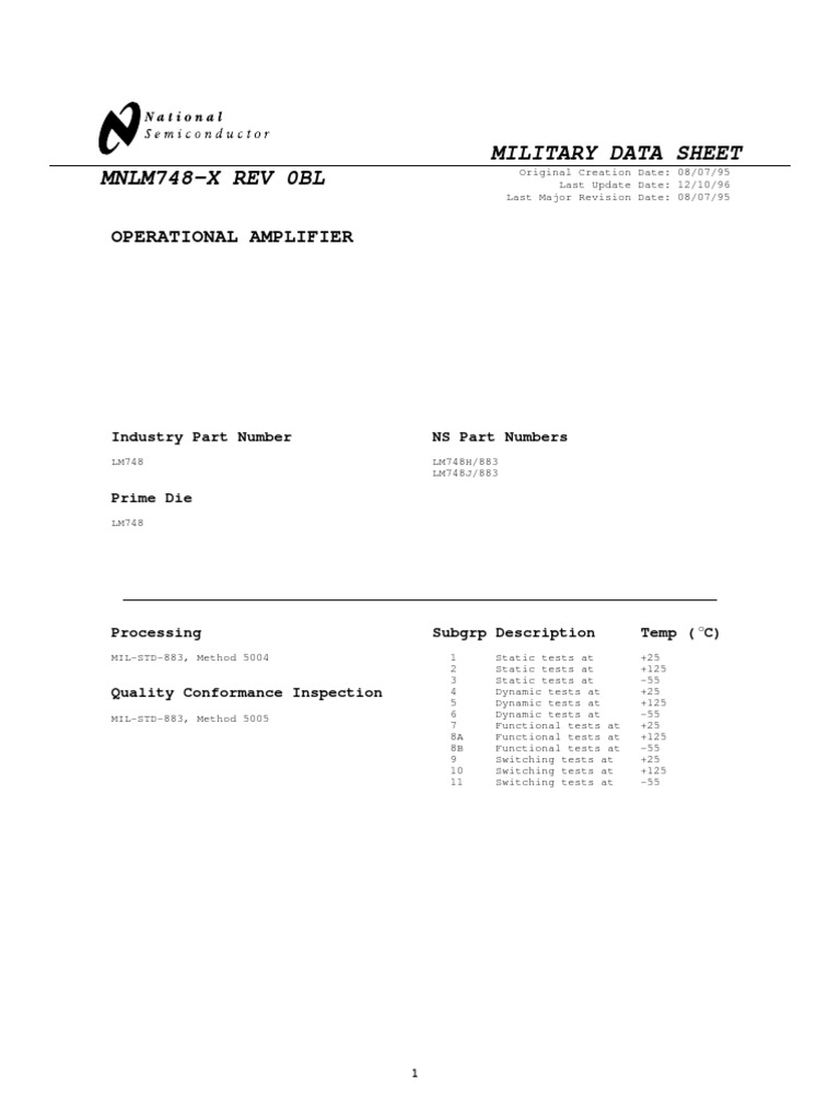 Military Data Sheet for LM748 Op-Amp | PDF