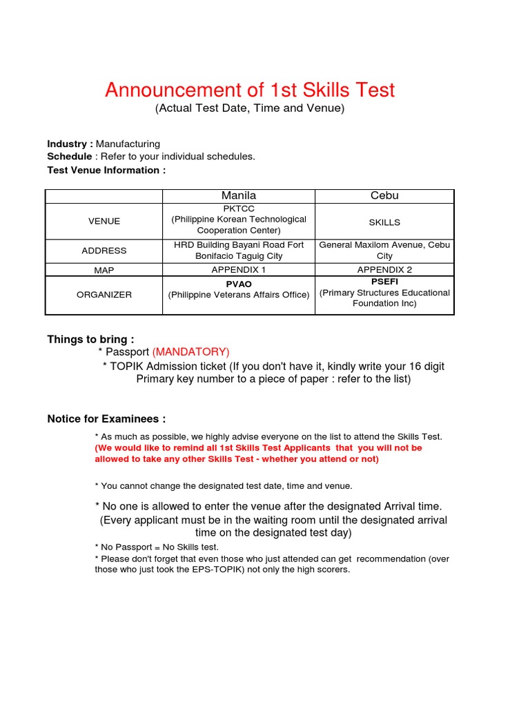 Skills Test Schedule and Requirements | PDF | Business