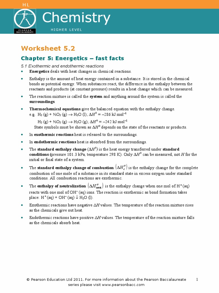 Worksheet | Chemical Reactions | Enthalpy