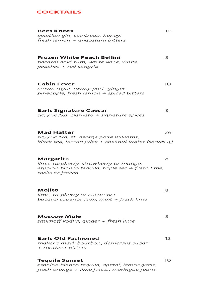 Earls Kitchen Bar Cocktail Wine Menu PDF California Wine Fermented Drinks