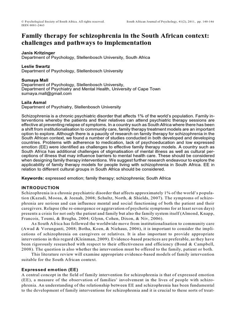 Family Therapy For Schizophrenia In The South African Context Challenges And Pathways To Implementation Psychiatry Mental Disorder