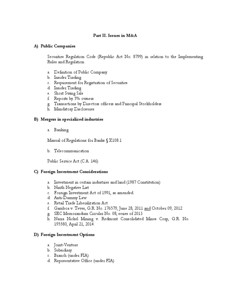 Part II. Issues in M&A A) Public Companies | PDF