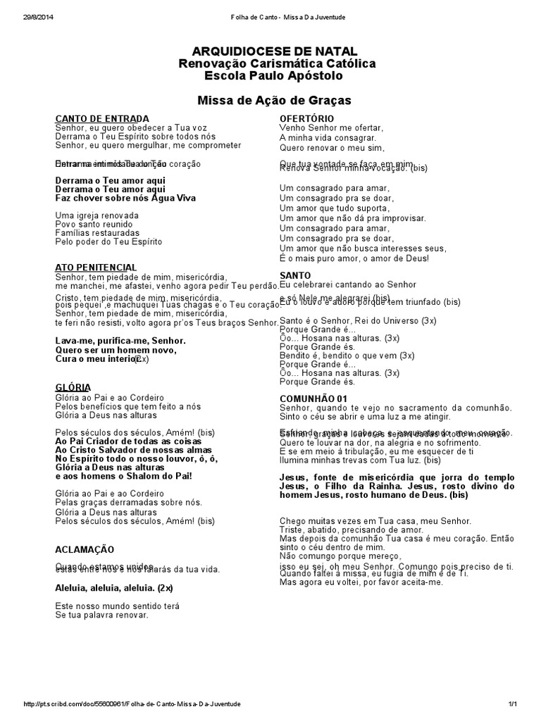 Cantos Para Missa Do Divino Espirito Santo Folha De Canto Missa Da Juventude Eucaristia Missa Liturgia