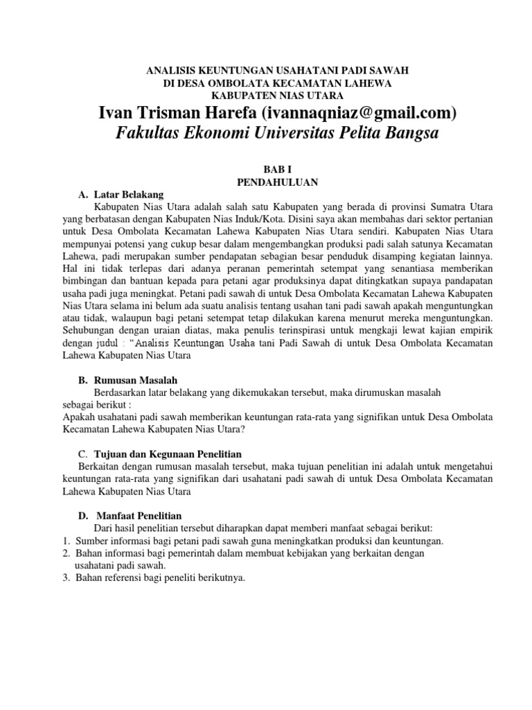 Analisis Keuntungan Usahatani Padi Sawah